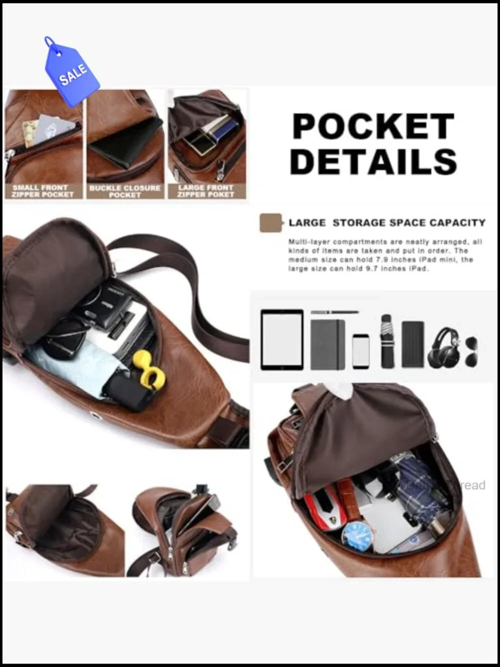 Leather Sling Backpack with USB Charging Port Crossbody Bag